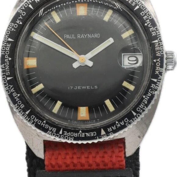 Vintage 36mm Paul Raynard Skin Diver World Time Men's Mechanical Wristwatch - Picture 3 of 4